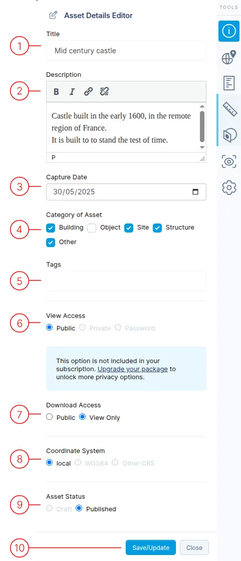 Asset side menu details editor