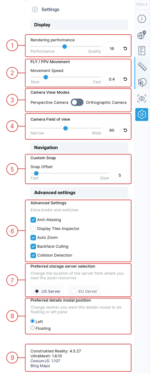 Asset general settings menu with numbered options