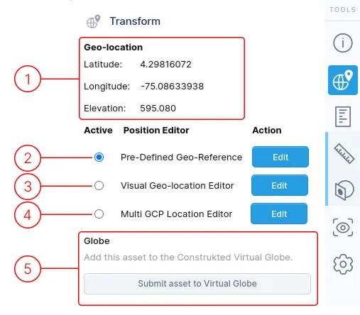 Transform menu with geo-location info, position editors, and globe status