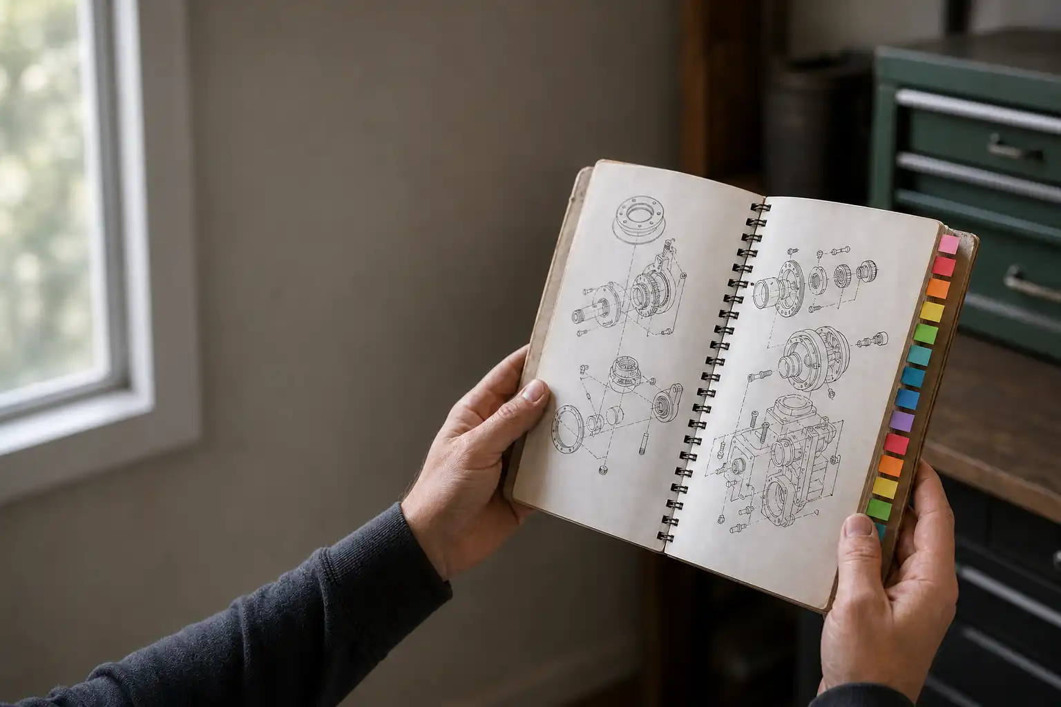 A person holding open a well-thumbed manual at a spread of technical diagrams