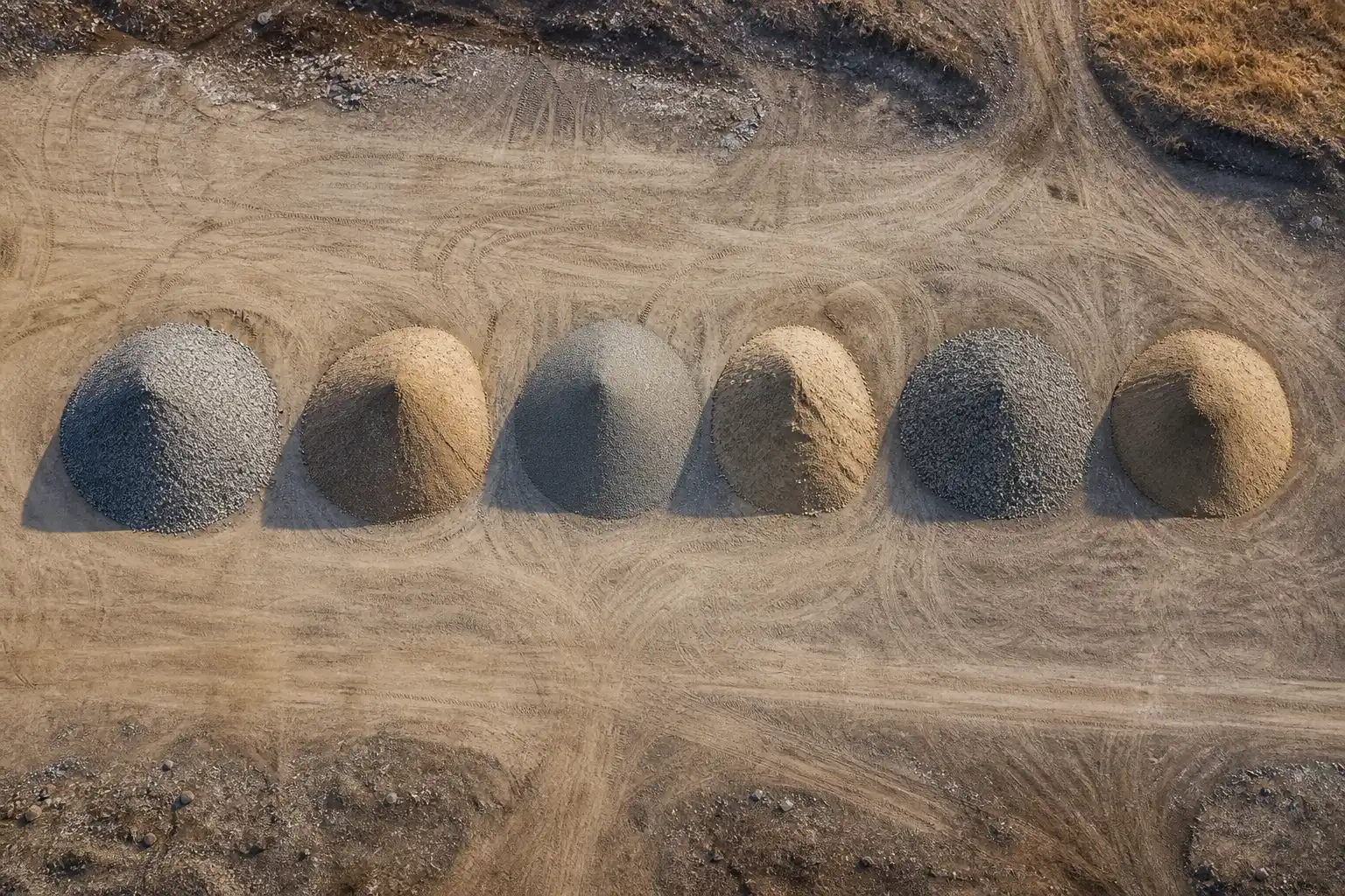 A row of aggregate stockpiles on a working yard, seen from above