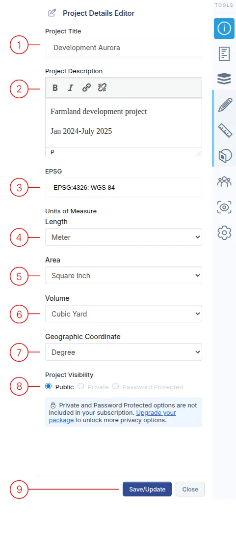 Project details editor with numbered fields